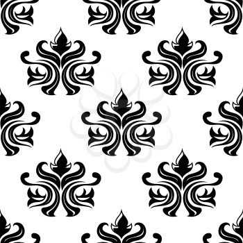 Black colored floral seamless pattern with arabesque elements in damask style isolated over white background for wallpaper, tiles and fabric design in square format