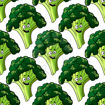 Head of fresh healthy green broccoli with a happy laughing face seamless pattern with a repeat motif in square format