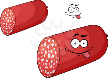 Whole spicy Italian salami sausage with a goofy face sticking out its tongue, isolated on white