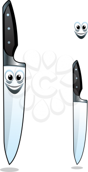 Sharp stainless steel kitchen knife with a smiling face on the blade, isolated on white