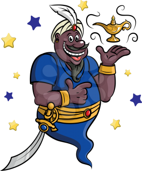 Cartoon genie with golden lamp and wapon for fairytale design