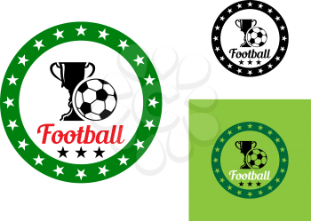 Football or soccer emblem with sport trophy, stars and text