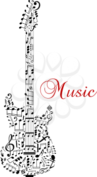 Guitar silhouette with musical notes and word - Music - for any art design. Isolated on white background