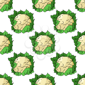 Fresh whole cauliflower seamless pattern with a repeat colorful motif with green leaves in square format