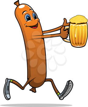 Running sausage or frankfurter with cool beer in cartoon style
