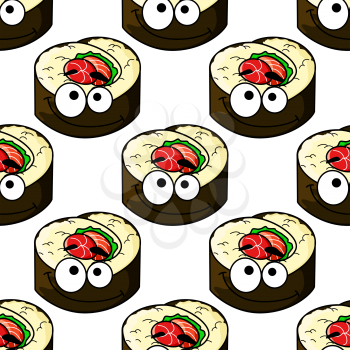 Gourmet sushi with shrimps, raw fish and seaweed seamless background pattern with a repeat motif in square format