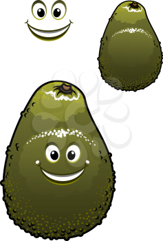 Happy little green cartoon avocado fruit with a beaming smile and dimples, isolated on white