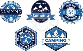 Camping emblems and labels with different blue frame shapes with the text - Camping - Park and Campground - Outdoor Exploration - decorated with camp fires, axes, spades and snowy mountains for travel