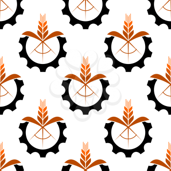 Wheat stalk with a gear wheel icon seamless pattern for conceptual design of industry and mechanization in agriculture
