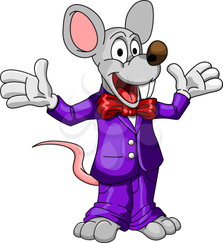 Happy cartoon mouse or rat in a colorful purple suit smiling and waving its arms in the air