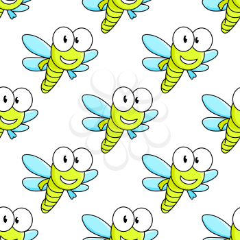 Colorful cartoon flying dragon fly with big googly eyes seamless background pattern