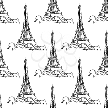Eiffel Tower seamless background pattern with a black and white delicate outline illustration in a repeat motif in square format