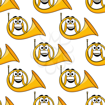 Cartoon brass French horn seamless background pattern with a happy smiling face in square format