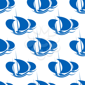 Three blue yachts with the wind billowing in their sails racing on ocean waves in a seamless background pattern in square format suitable for wallpaper, tiles and fabric or sporting design