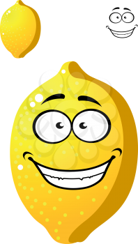 Happy smiling yellow cartoon lemon fruit with a wide toothy grin plus a second variation with no face for agriculture or food industry design