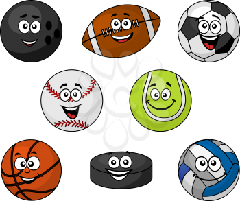 Set of cartoon sports equipment with a bowling ball, rugby or football, soccer ball, cricket ball, tennis ball, basketball, volleyball and hockey puck with smiling faces, vector illustration on white