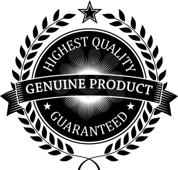 Highest Quality Genuine Product Guaranteed label or banner of black color for retail industry design isolated over white background with laurel wreath, stars and ribbon