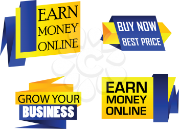 Set of origami labels for business depicting Earn Money Online, Buy Now Best Price and Grow Your Business in yellow and blue color isolated over white background