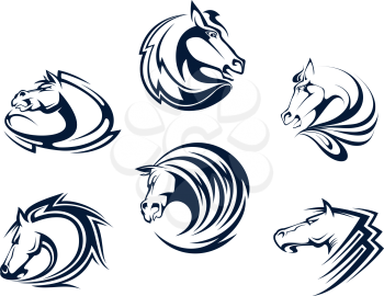 Horse mascots and emblems with stallions, mares and mustangs for equestrian sports or tattoo design