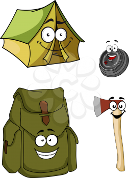 Set of cartoon camping and hiking icons with a green canvas tent, green rucksack or backpack and chopper or axe with smiling faces for a healthy lifestyle,  isolated on white