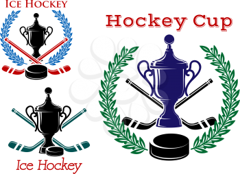 Ice hockey emblems and symbols with laurel wreaths, puck, sticks and sports trophy