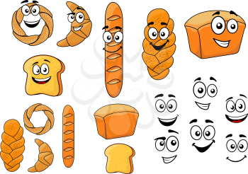 Cartoon breads with happy smiling faces with a baguette, croissant, loaf of white bread, bagel, toast and plaited crusty loaf isolated on white