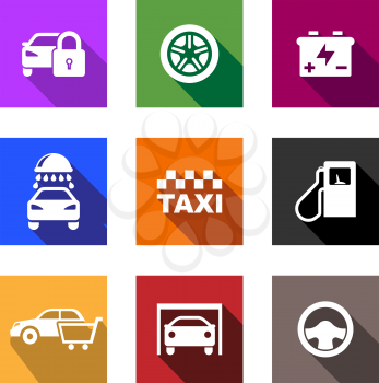 Automobile and service flat icons or web buttons with security, wheel, battery, car wash, taxi, fuel pump, shopping, garage and steering wheel