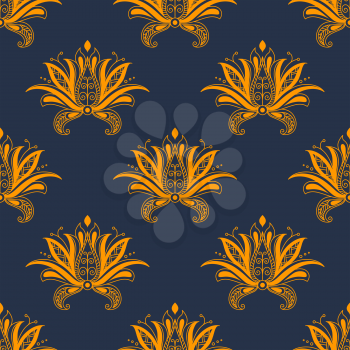 Dainty paisley persian yellow colored floral seamless pattern with decorative flower elements isolated over blue colored background in square format