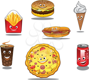Colorful fast food and takeaway food icons with packet of French fries, burger, ice cream cone, coffee, pizza, hotdog and soda all with happy faces, cartoon style
