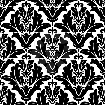 Bold black colored floral seamless pattern background with arabesque elements in damask style for wallpaper, tiles and fabric design in square format isolated over white background