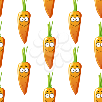Fresh orange cartoon carrot with a little green stalk with a goofy smiling face in a seamless background pattern in a repeat motif in square format
