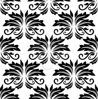 Seamless bold black colored floral arabesque pattern in damask style motifs suitable for wallpaper, tiles and fabric design isolated over white colored background