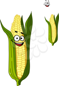Cheerful smiling cartoon corn vegetable on the cob with a happy face and green leaves isolated on white