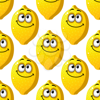 Seamless background pattern of smiling yellow cartoon lemons with googly eyes in square format for wallpaper or textile design