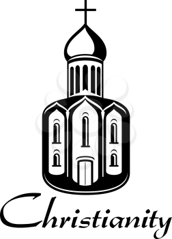 Black and white Christianity icon depicting the exterior of a church with a steeple or bell tower, onion dome and cross with the word - Christianity below