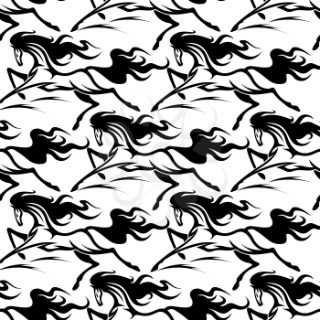 Seamless pattern of horse stallions with a black silhouetted repeat motif in square format suitable for equestrian sport, fabric and wallpaper design
