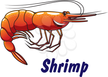 Cartoon shrimp icon or emblem with a side view of an orange shrimp or prawn with a smiling face over the word - Shrimp - on white