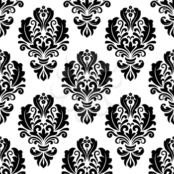Seamless bold black colored floral arabesque pattern in damask style motifs suitable for wallpaper, tiles and fabric design isolated over white colored background