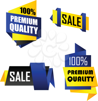 Set of origami web banners and labels depicting 100% Quality Premium and Sale in yellow and blue isolated over white background