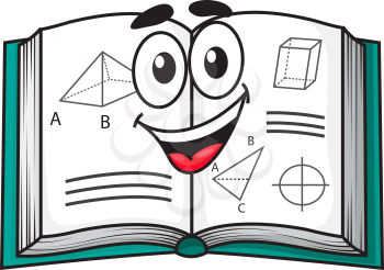 Happy smiling cartoon school textbook open to pages showing scientific diagrams, isolated on white
