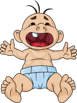 Screaming baby having a temper tantrum with a wide open mouth with a single tooth, cartoon style