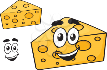 Smiling happy cartoon wedge of cheese with holes and a cute grin, isolated on white, for meal design