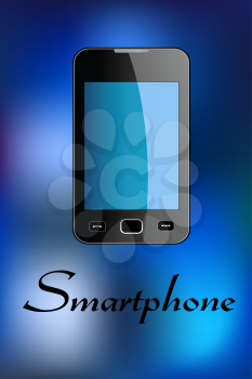 Glossy smartphone with text - Smartphone - at the bottom isolated over blue colored background in vertical format suitable for telecommunication industry design