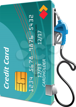 Credit card petrol or gasoline pump with a bank card as the body of the pump with attached hose and nozzle for dispensing fuel