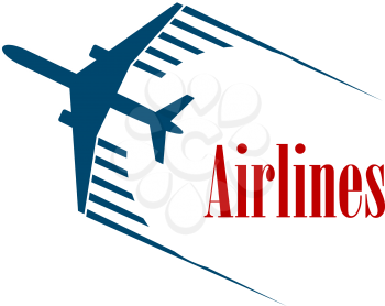 Airlines emblem or icon with a speeding blue jetliner airplane with motion trails above the word - Airlines - in red