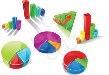 Set of colorful 3d graphs and charts with seven different bar graphs and pie charts with shadows or reflections