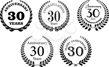Black and white anniversary laurel wreaths isolated on white background and depicting different anniversaries
