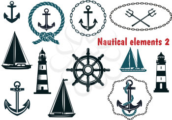 Set of nautical heraldry themed design elements with assorted anchors, crossed tridents, sailboat, yacht, two lighthouses, ships wheel, schooner, rope and chain frames