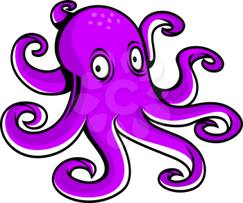 Bright purple cartoon octopus with large eyes watching the viewer and curling tentacles isolated on white