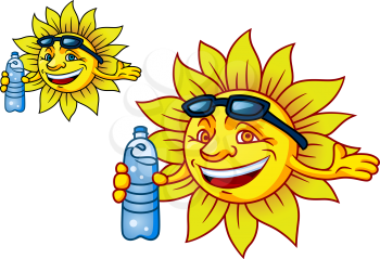 Fun vector illustration of a laughing tropical sun with bottled water and sunglasses in two different color variants isolated on white